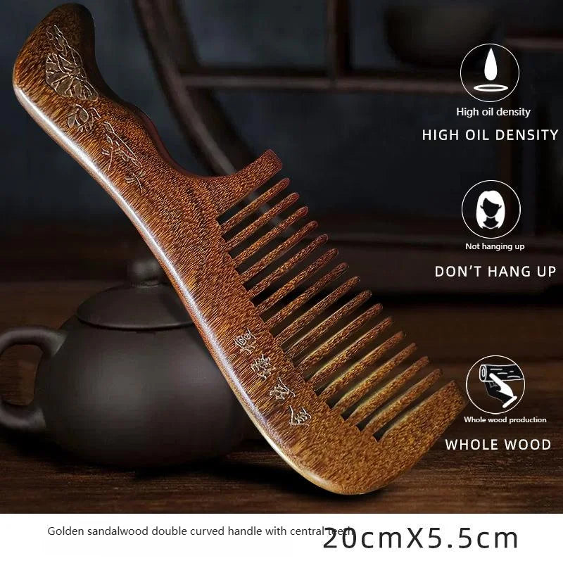 Golden Sandalwood Wide Tooth Comb | Scalp Massage & Detangle Wood Hair Comb QXL
