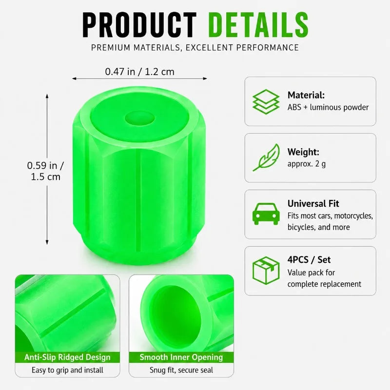 4-Pack Glow in the Dark Tire Valve Stem Caps | Universal Tire Valve Caps QXL