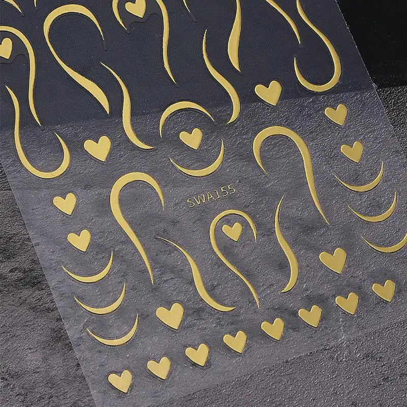 3D Gold French Line & Heart Nail Stickers | DIY Nail Decals Nail Art Stickers QXL