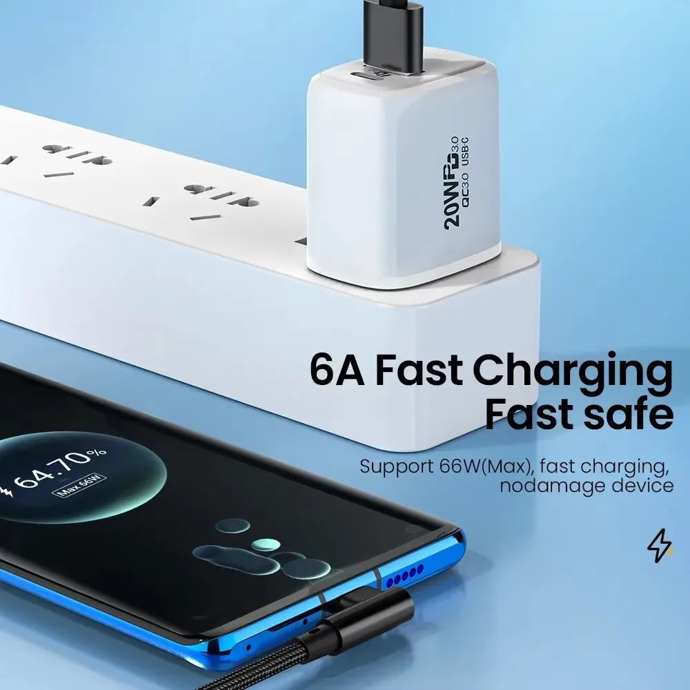 66W 90° USB-C Fast Charging Cable 6A Nylon Braided Right Angle USB-C Charging Cable QXL