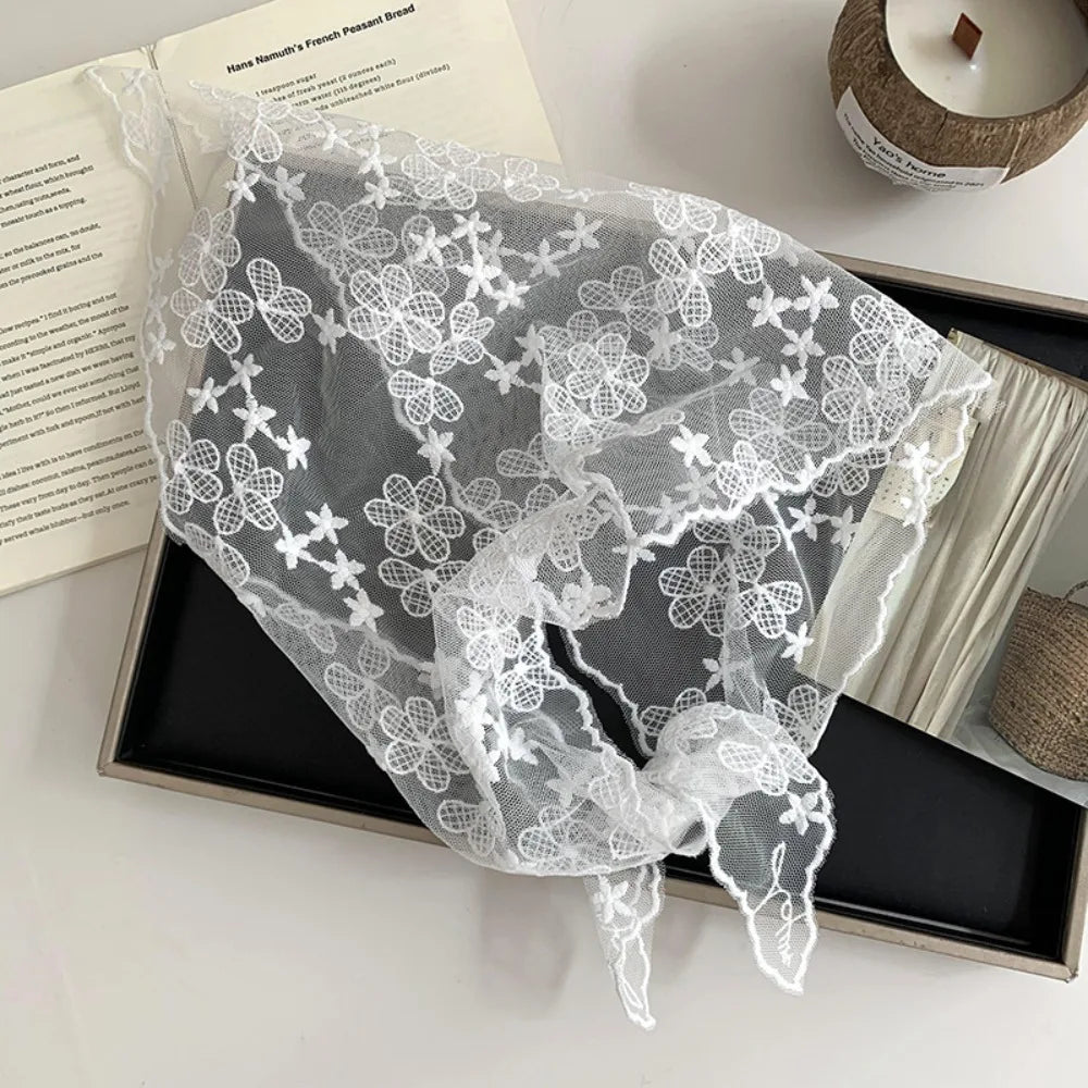White Lace Triangle Hair Scarf | Floral Woven Headscarf Lace Hair Scarf QXL