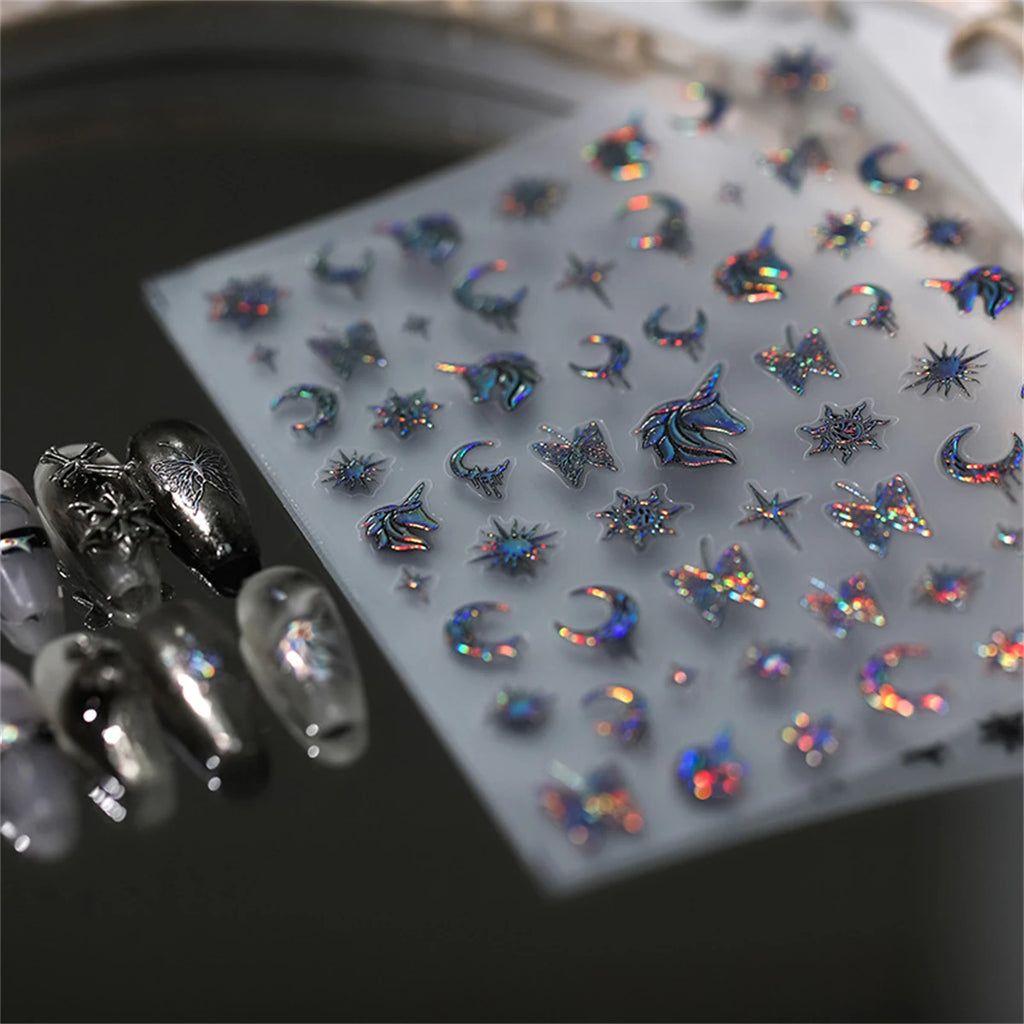 5D Laser Silver Nail Stickers | Unicorn Moon Butterfly Decals Nail Stickers & Decals QXL