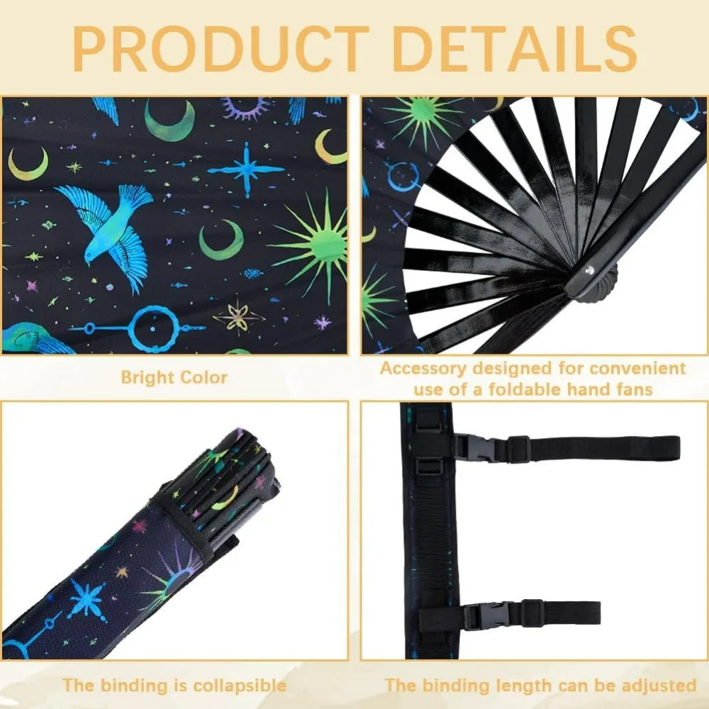 12.99" UV Glow Bamboo Folding Fan with Bag & Belt | Rave Dance Decorative Folding Fan QXL