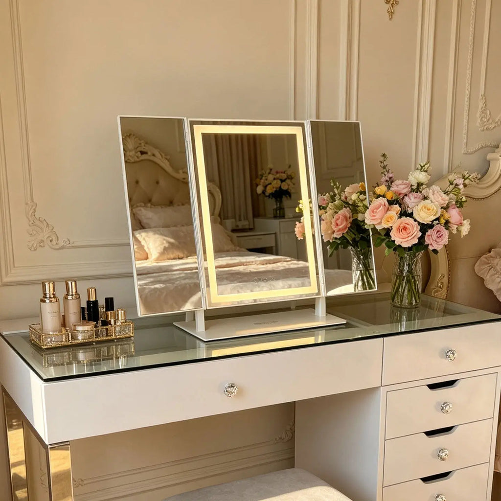 3-Fold LED Tabletop Makeup Mirror | Lighted Vanity Mirror LED Vanity Mirror QXL