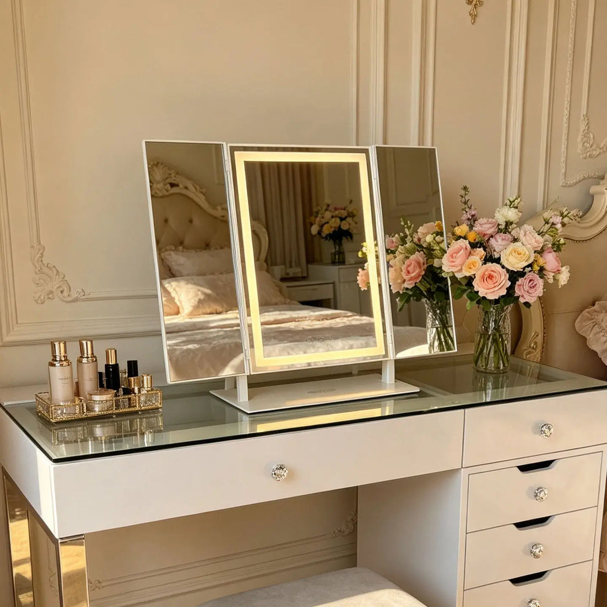3-Fold LED Tabletop Makeup Mirror | Lighted Vanity Mirror LED Vanity Mirror QXL