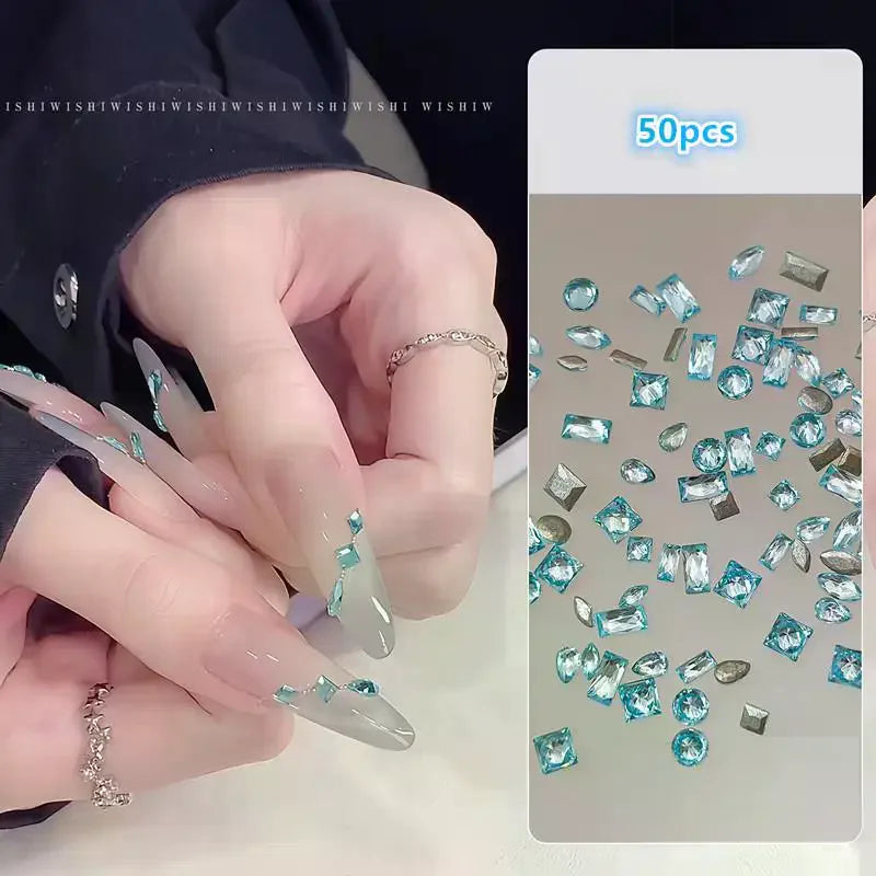 50-Pc Blue Flat-Back Nail Rhinestones | Heart & Square Gems Nail Art Rhinestones QXL Default Title
