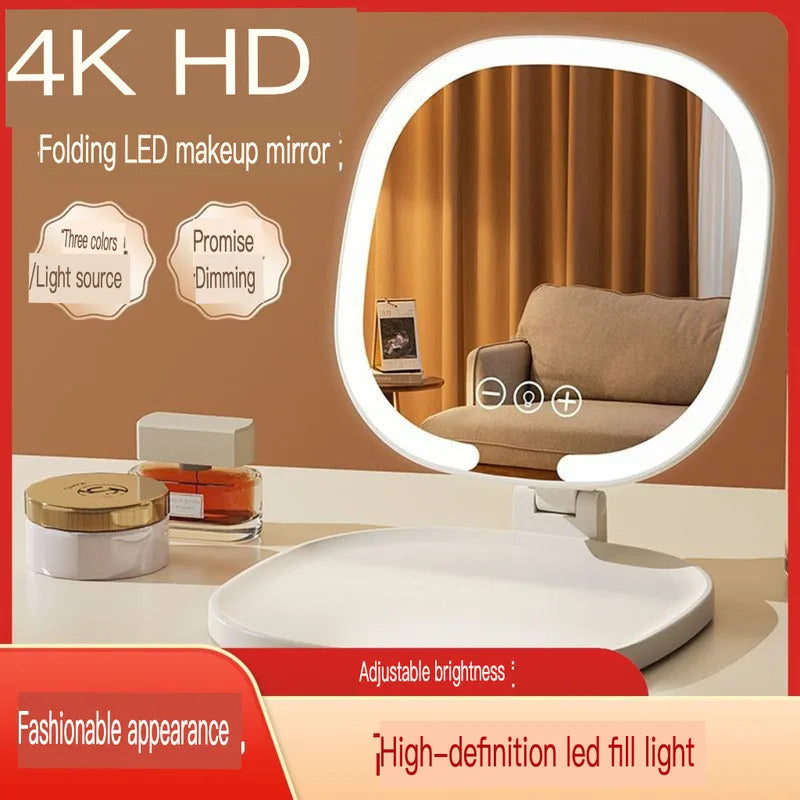 LED Folding Makeup Mirror 3-Tone Light | Oval Desktop Mirror LED Makeup Mirror QXL