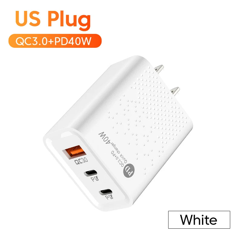60W USB-C Fast Charger 3-Port PD & QC3.0 Wall Adapter USB-C Wall Charger QXL US Plug White