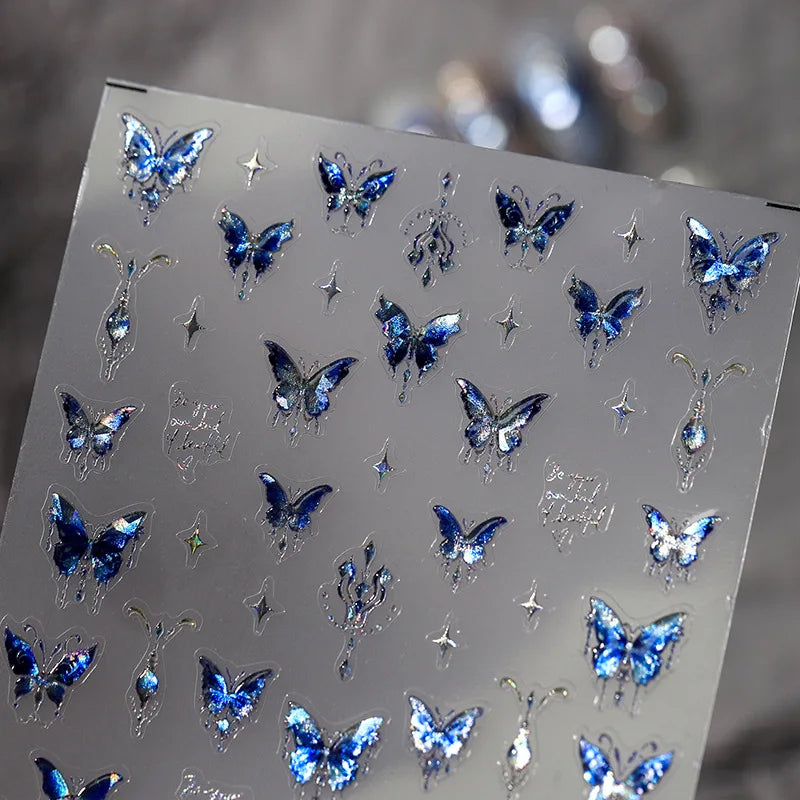 5D Glitter Blue Butterfly Nail Art Stickers | Self-Adhesive Decals Nail Art Stickers QXL