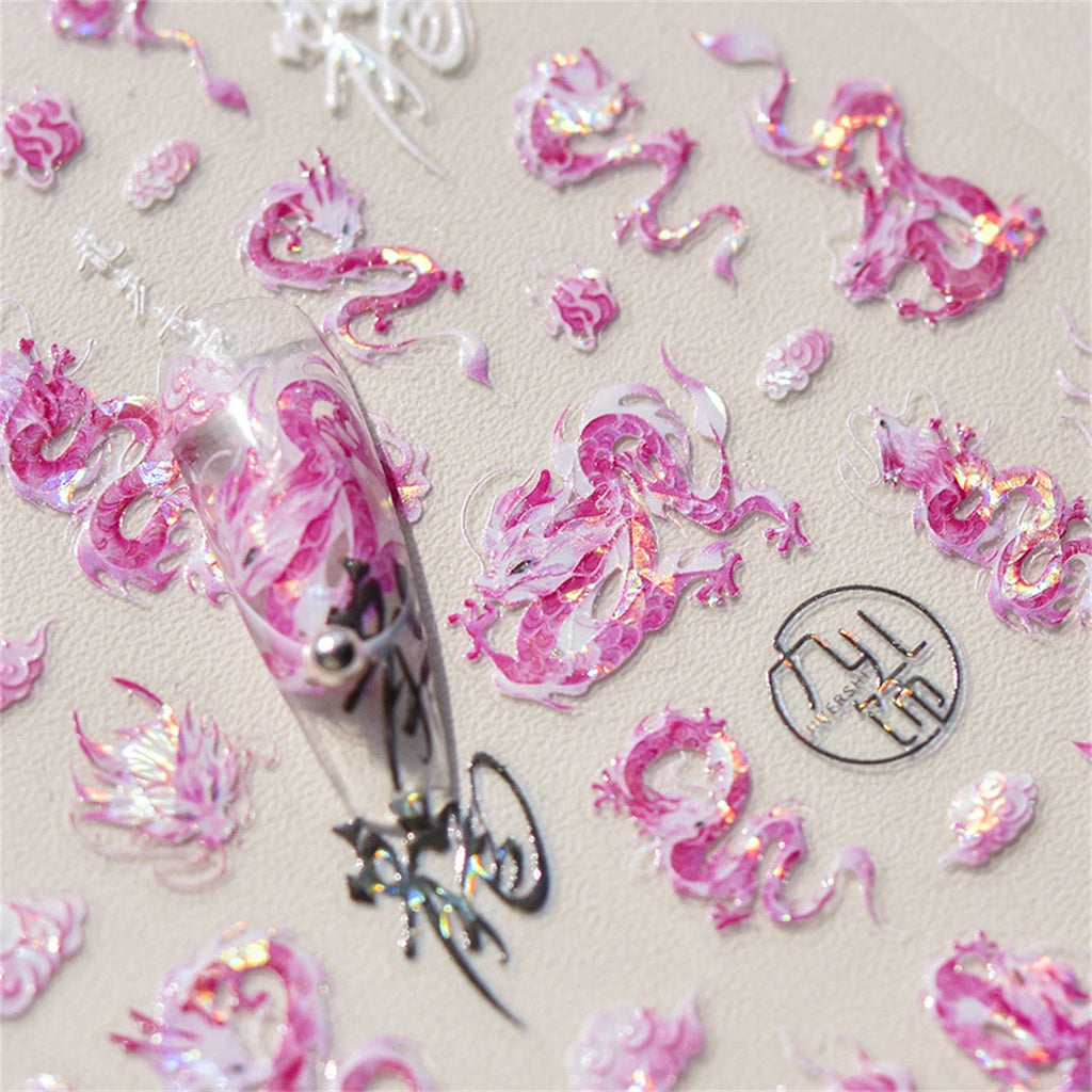 5D Chinese Dragon Nail Stickers | Pink Blue Glitter Decals Nail Art Stickers QXL