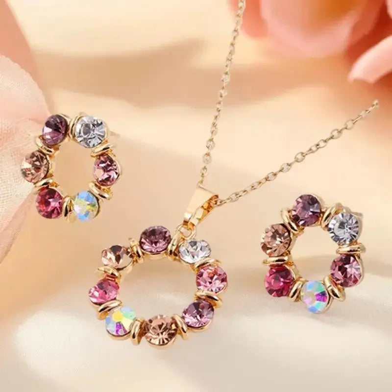 3-Piece Gold Circle Crystal Necklace & Earrings Set | Women Jewelry Set QXL