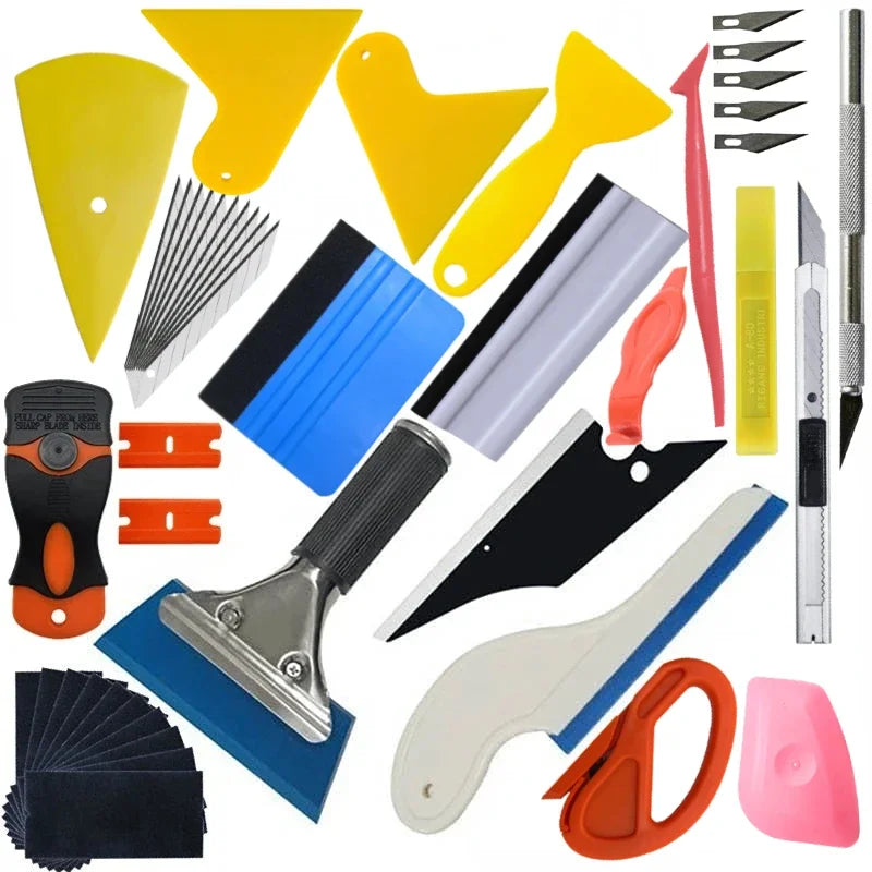New Car Vinyl Tint Film Installation Tool Kit Rubber Scraper Magnetic Holder Wrapping Sticker Carving Knife with Spare Blades QXL Set 1-44Pcs