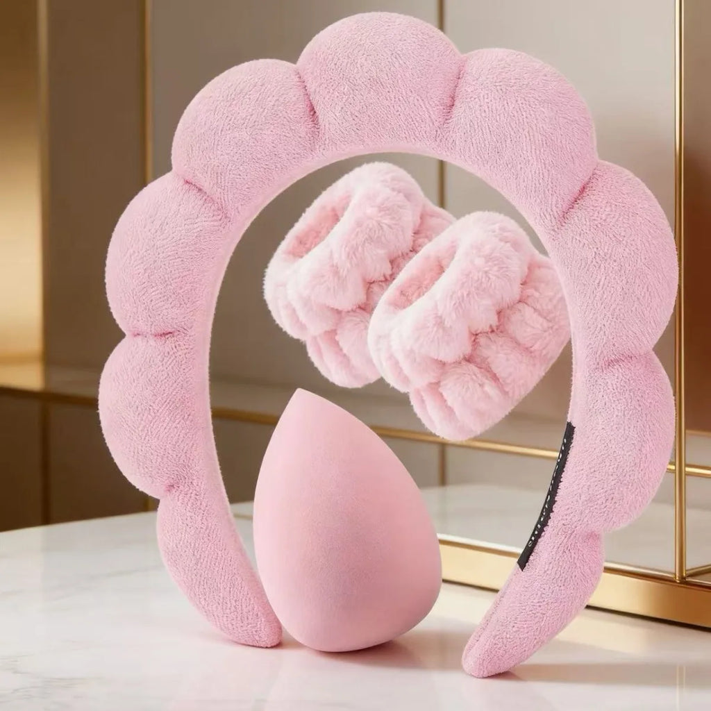 4-Piece Skincare Set | Bubble Headband, Wristbands & Powder Puff Skincare Accessory Set QXL Pink