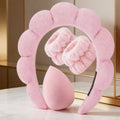 4-Piece Skincare Set | Bubble Headband, Wristbands & Powder Puff Skincare Accessory Set QXL Pink
