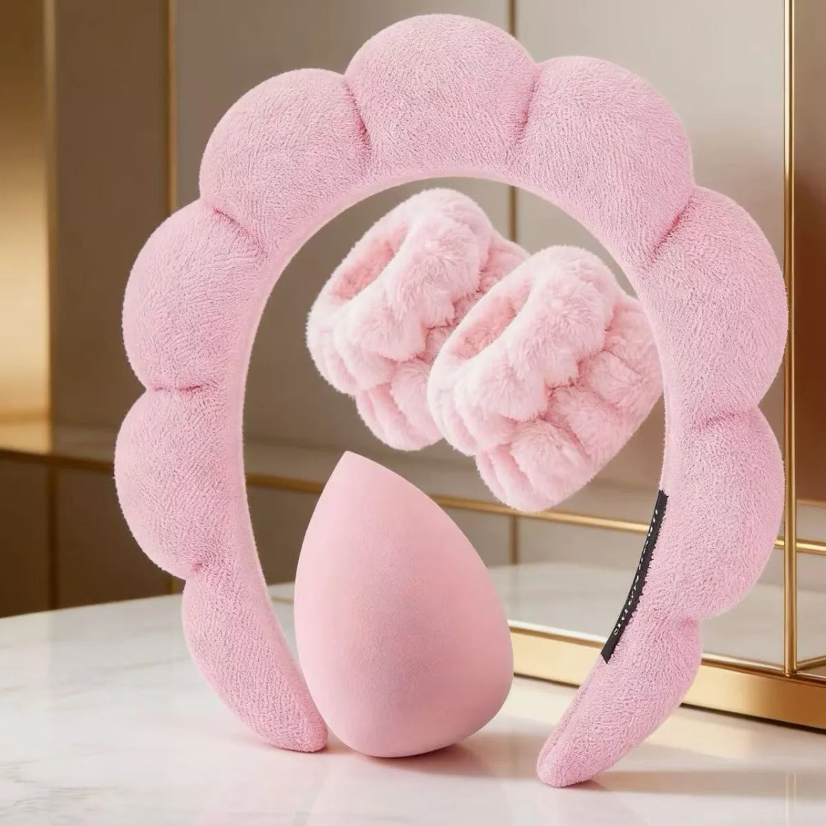 4-Piece Skincare Set | Bubble Headband, Wristbands & Powder Puff Skincare Accessory Set QXL Pink