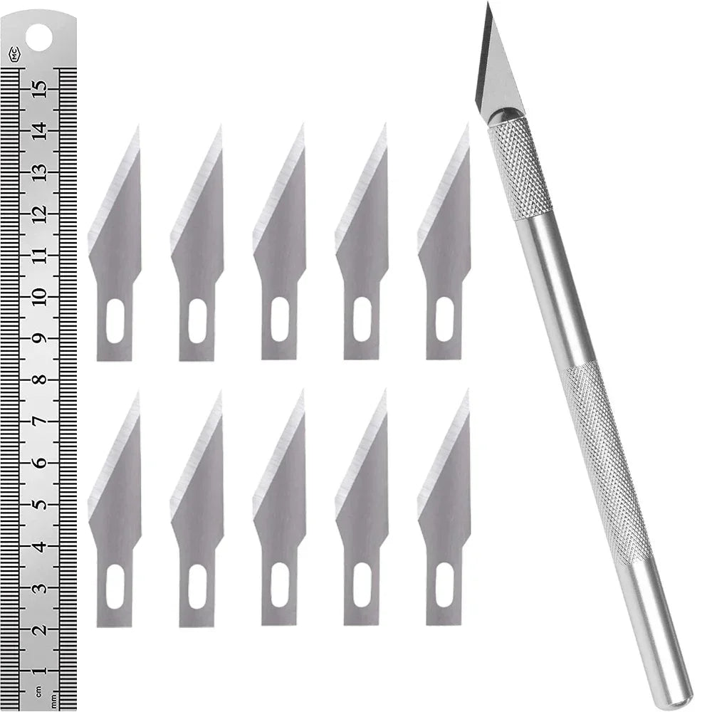 Premium Craft Knife Set | 10 Extra Steel Blades & 15cm Ruler Craft Knife Set QXL