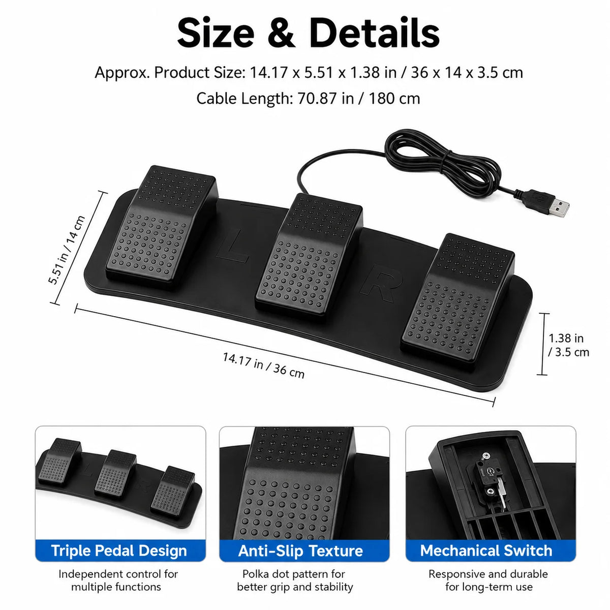 USB Triple Foot Switch Programmable Pedal | 3-Key Mechanical Programmable Foot Pedal QXL