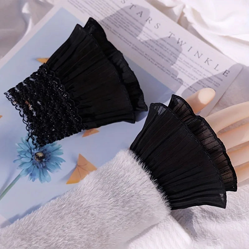 Double Ruffle Lace Fake Cuffs | Pleated Wrist Sleeves for Women Wrist Cuff Accessory QXL