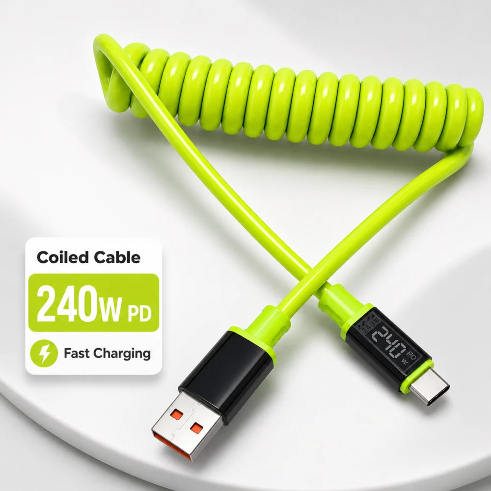 240W USB-C Retractable Fast Charging Cable – Spring Coil USB-C Charging Cable QXL