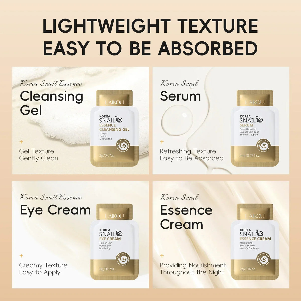 LAIKOU Korean Snail Mucin Skincare Set – Cleanser, Serum & Cream Skincare Routine Set QXL