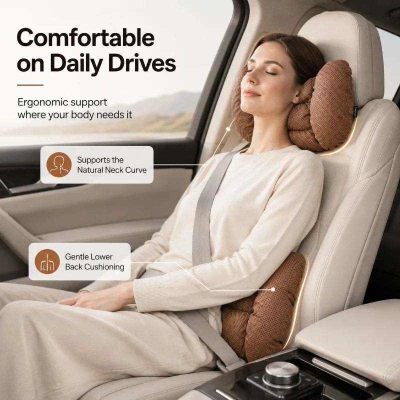 Car Neck & Lumbar Pillow Set | Breathable Faux Leather Cushions Car Seat Pillow Set QXL