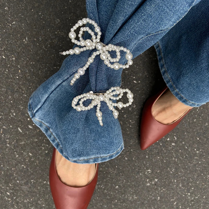Pearl Bow Ankle Chain Pants Pin for Women | Leg Jewelry Pair Clothing Accessory Pin QXL