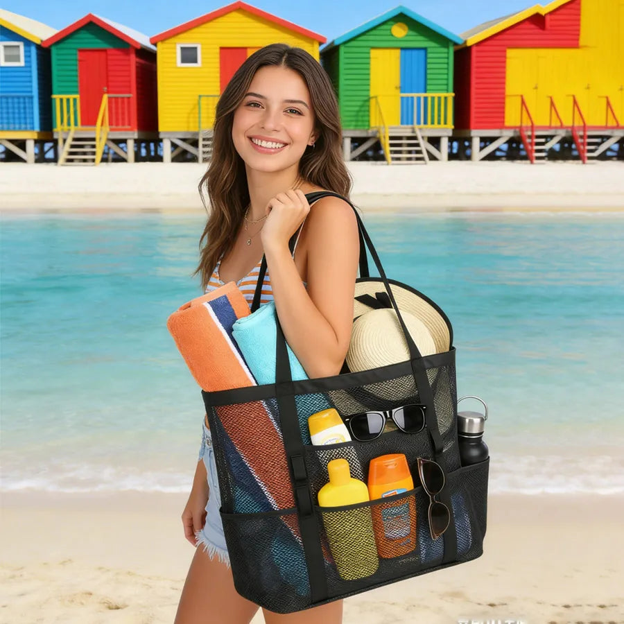 2-in-1 Large Mesh Beach Bag with Waterproof Zipper Pocket Mesh Tote Bag QXL