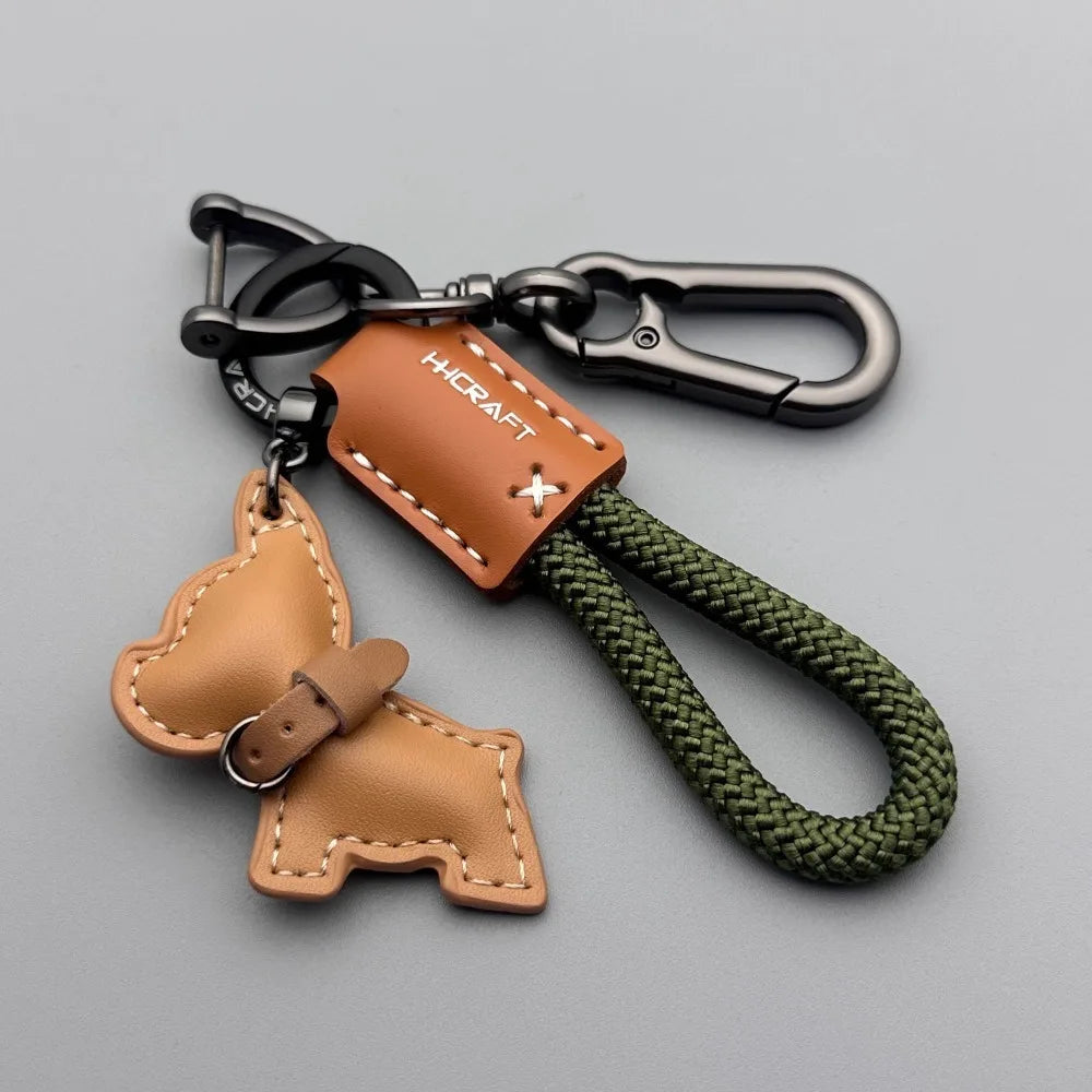 French Bulldog Genuine Leather Keychain with Braided Rope Novelty Keychain QXL