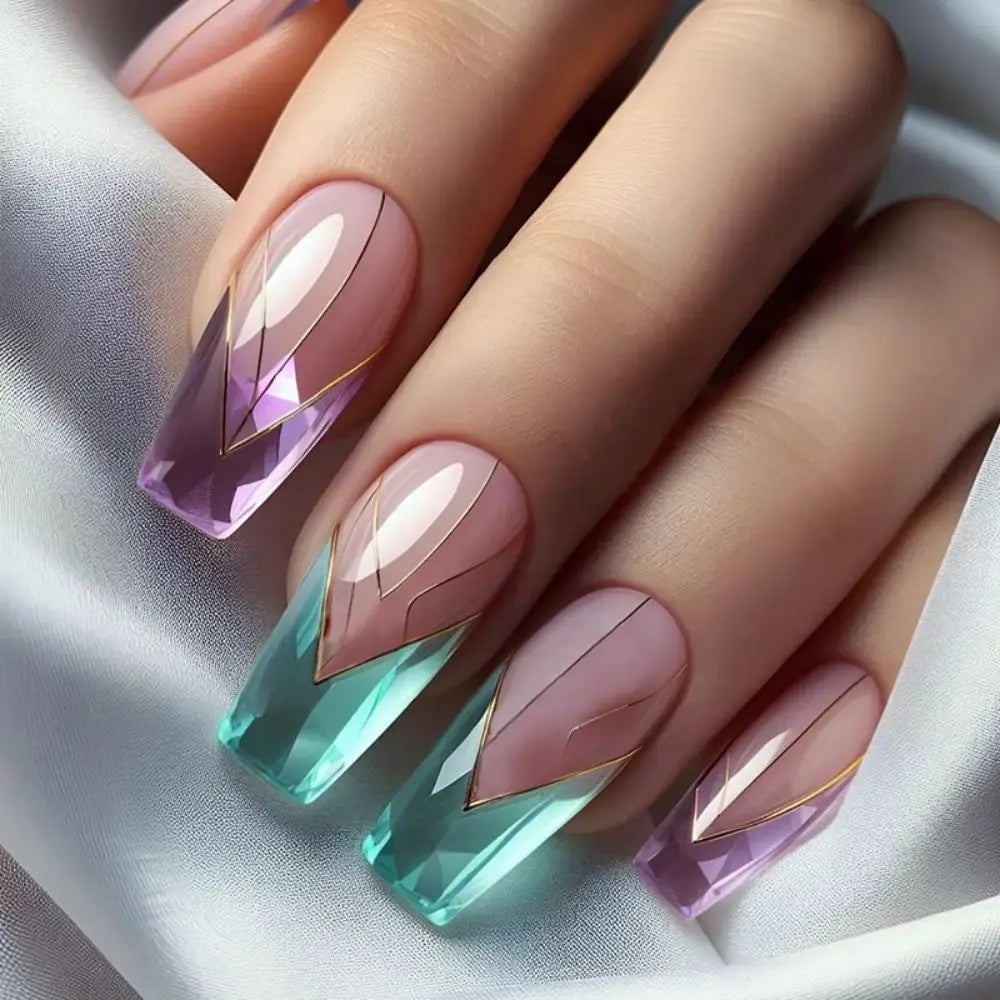 Press On Nails Dreamy Blue Pink Flowers Glitter Bow Tips 24pc Press-On Nail Tips QXL