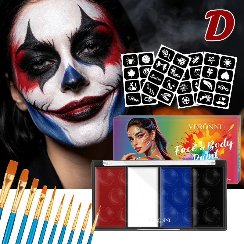 VERONNI 4-Color Face & Body Paint Kit with Brush & Stencils Face & Body Paint QXL 3pcs D
