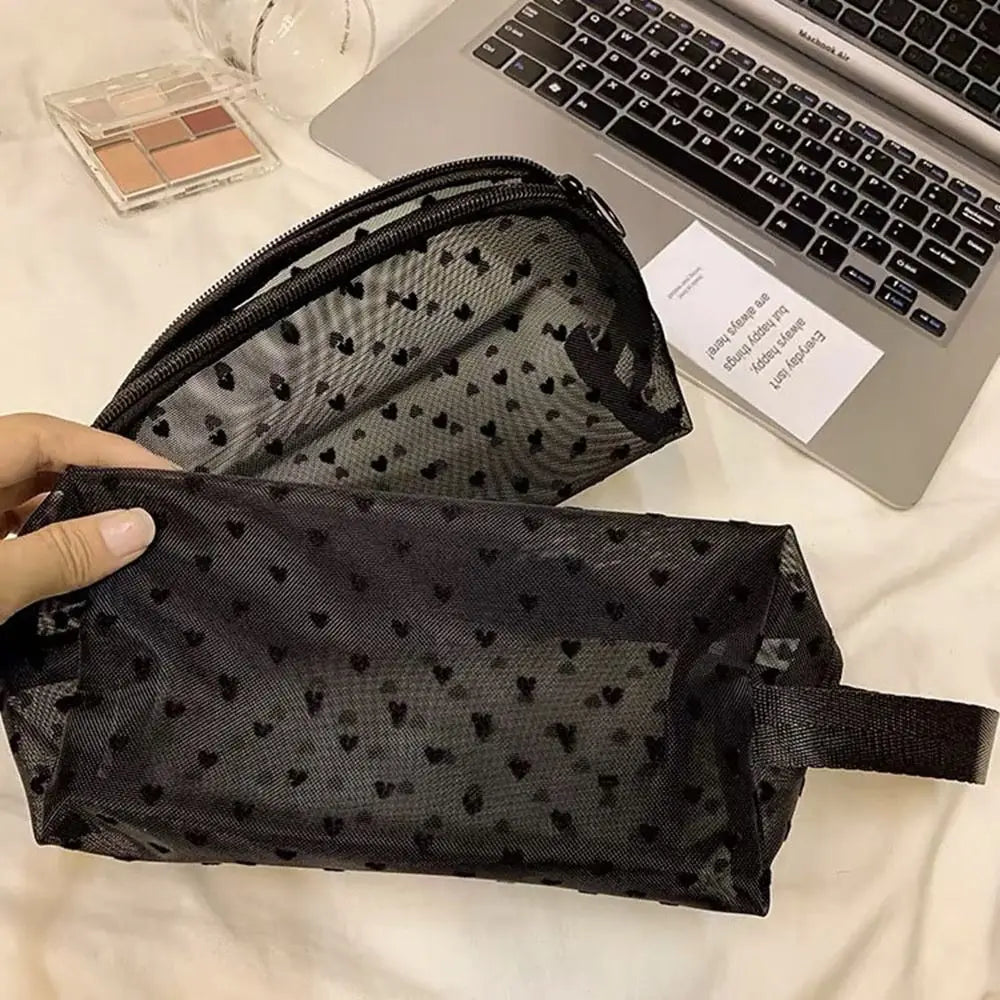 Heart Mesh Makeup Bag – Portable Cosmetic Organizer Black Pink Cosmetic Organizer Bag QXL