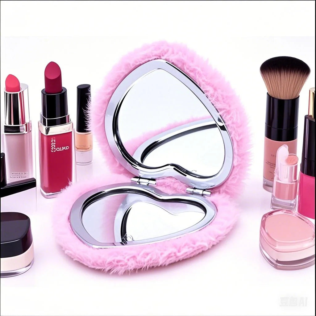 Heart-Shape Plush Double-Sided Folding Makeup Mirror | Portable Folding Makeup Mirror QXL