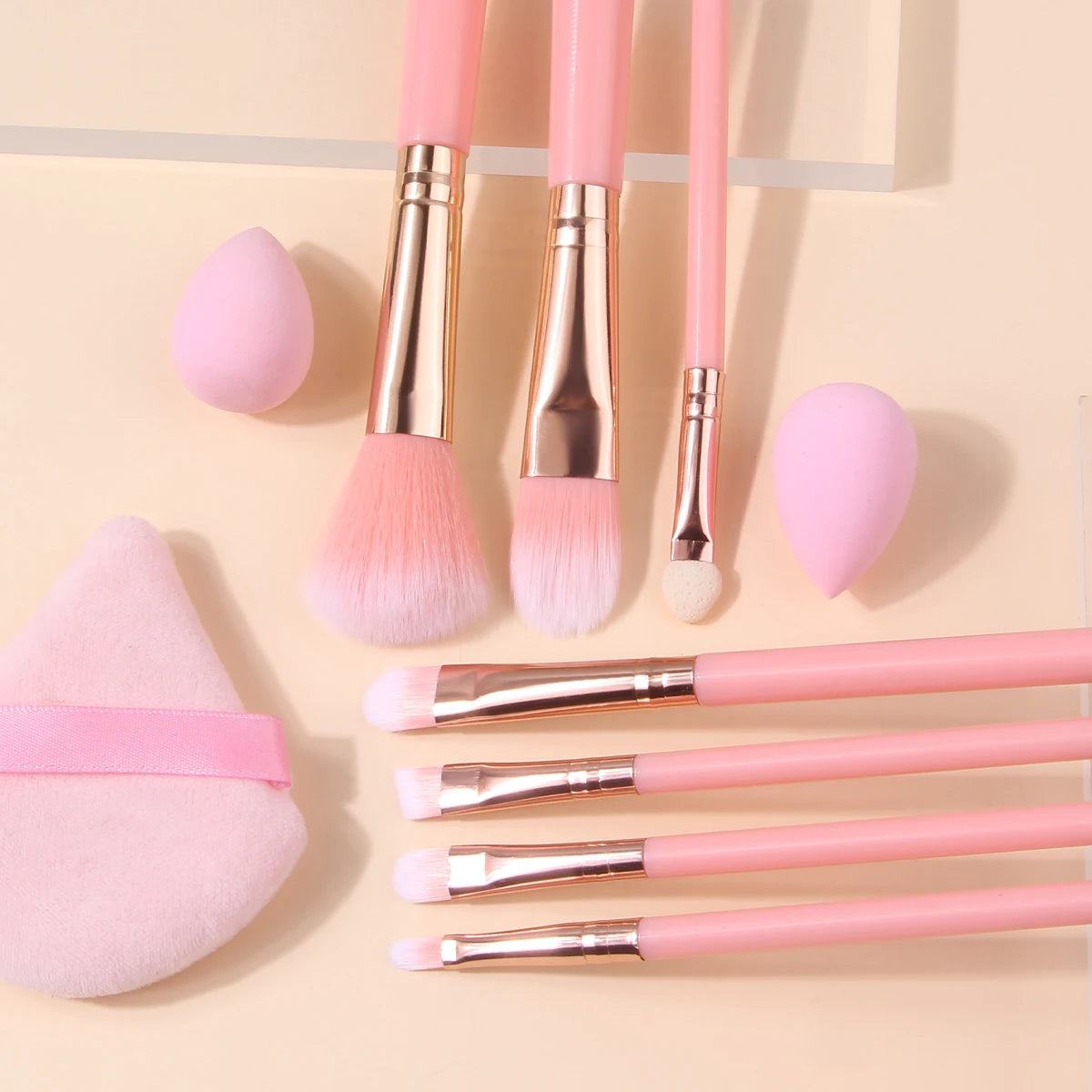 10-Pc Pink Mini Makeup Brush Set with Sponge Egg | KOSSHOW Makeup Brush Set QXL