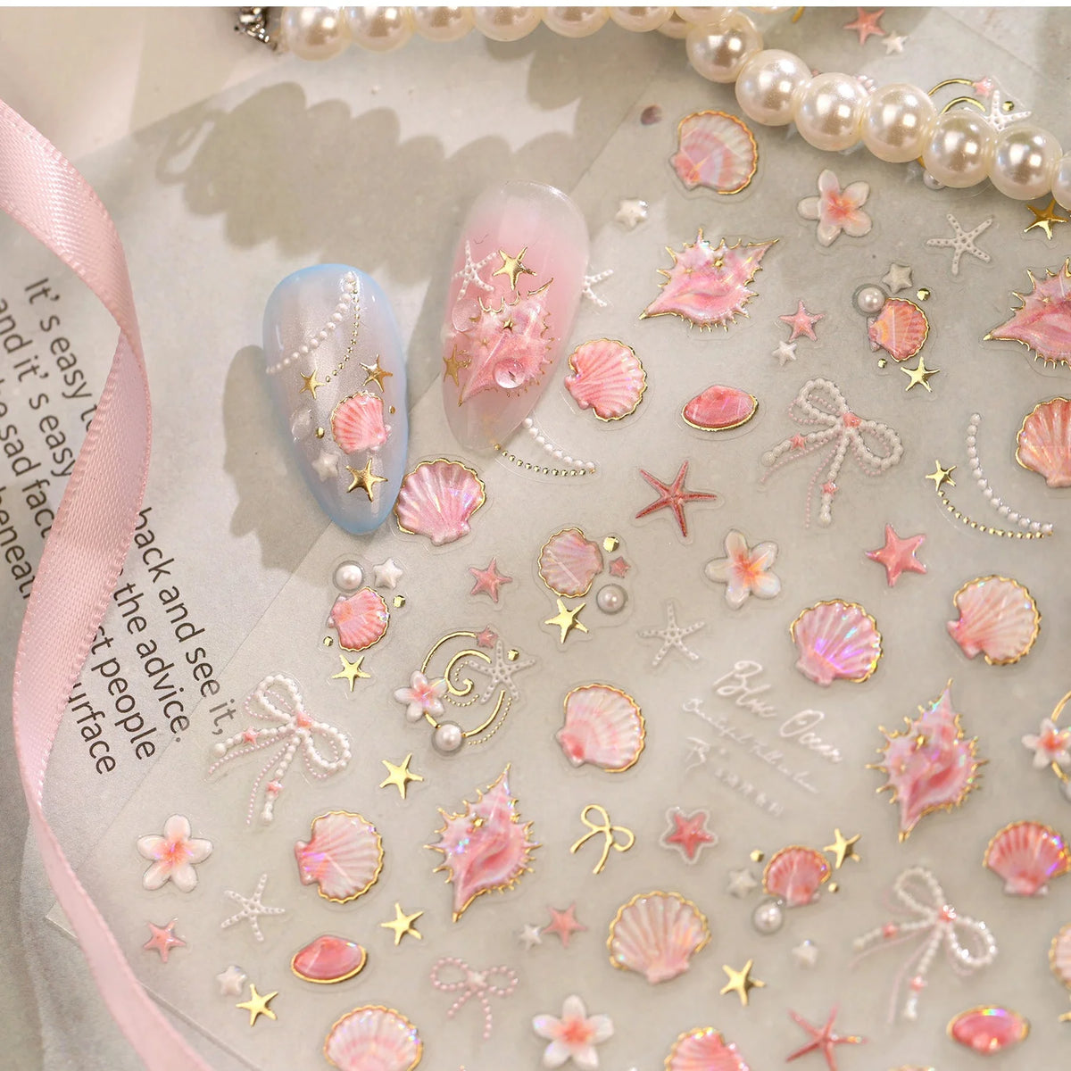 Fresh Ocean 5D Nail Stickers – Shell Starfish Pearl Decals Nail Art Stickers QXL