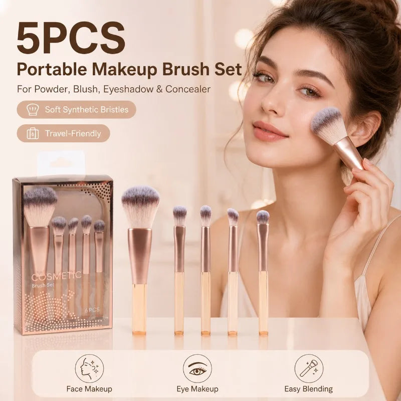 5-Piece Portable Makeup Brush Set with Zip Pouch | Face & Eye Makeup Brush Set QXL