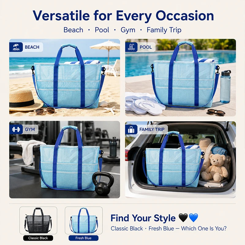 2-in-1 Quick Dry Mesh Beach Tote Bag with Detachable Pouch Mesh Beach Tote QXL