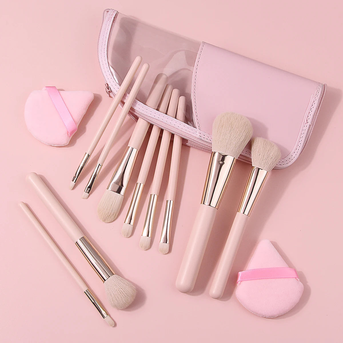 KOSSHOW 13-Pc Makeup Brush Set with Puffs & Pink Zipper Bag Makeup Brush Set QXL