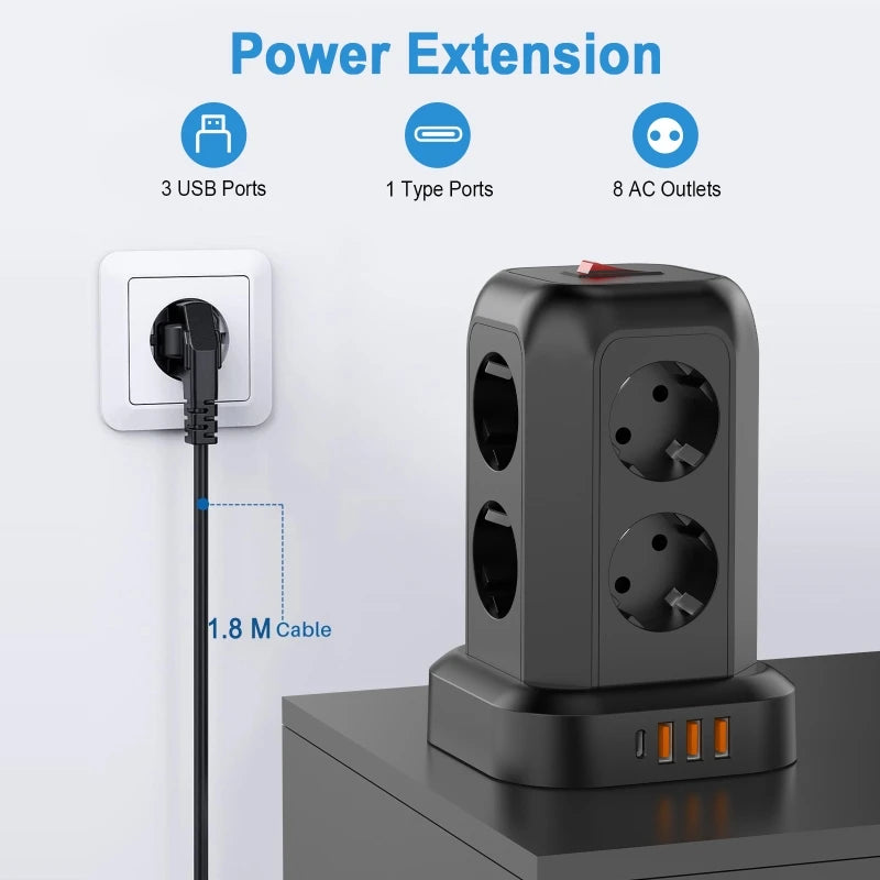 EU Tower Power Strip | 8 Outlets, 3 USB & Type-C | Surge Guard Tower Power Strip QXL