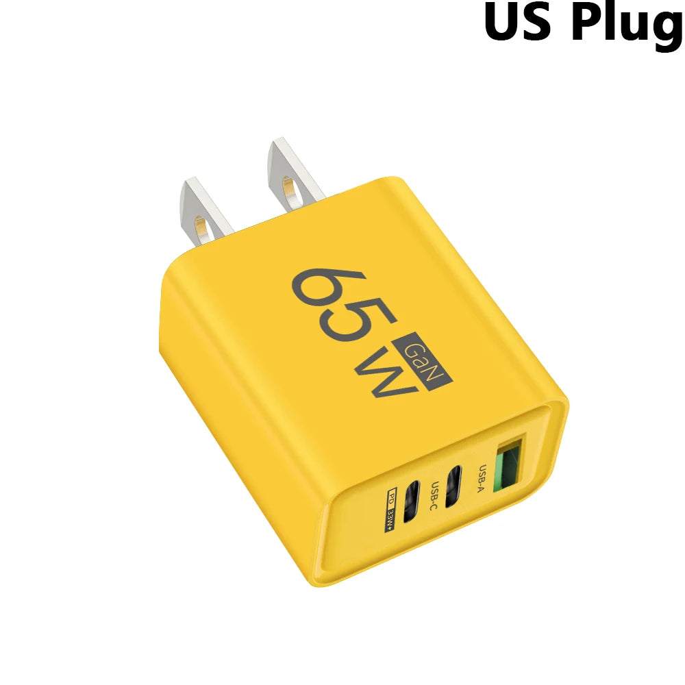 65W GaN 3-Port USB-C Wall Charger – QC3.0 Fast Charging USB Wall Charger QXL Yellow US
