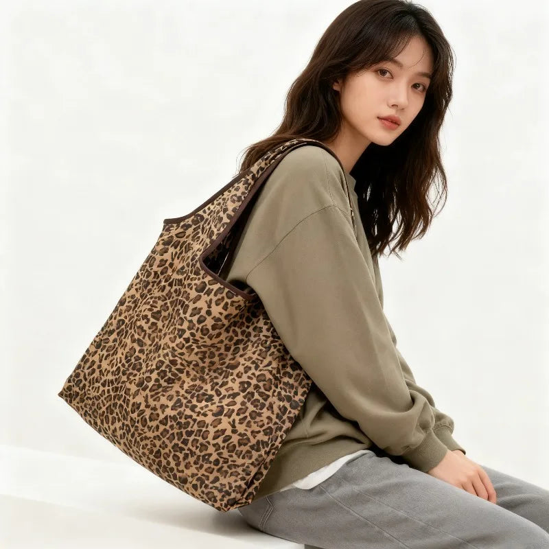 Leopard Print Foldable Tote Bag | Lightweight Leak-Proof Polyester Foldable Tote Bag QXL