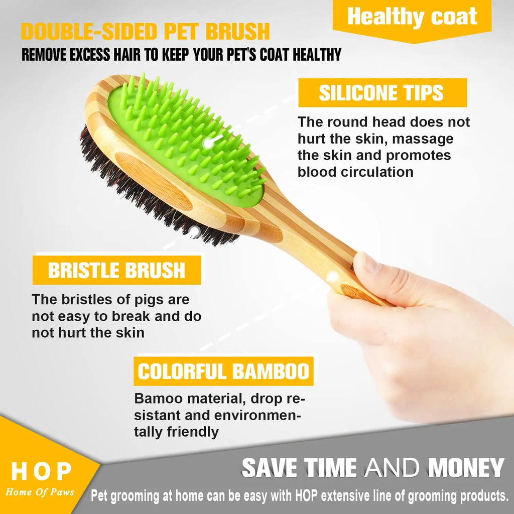 Double-Sided Pet Brush | Bamboo & Silicone Grooming Comb Pet Grooming Brush QXL