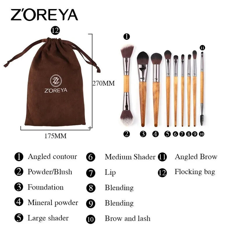 Zoreya 9-Piece Walnut Wood Makeup Brush Set | Full Face Makeup Brush Set QXL