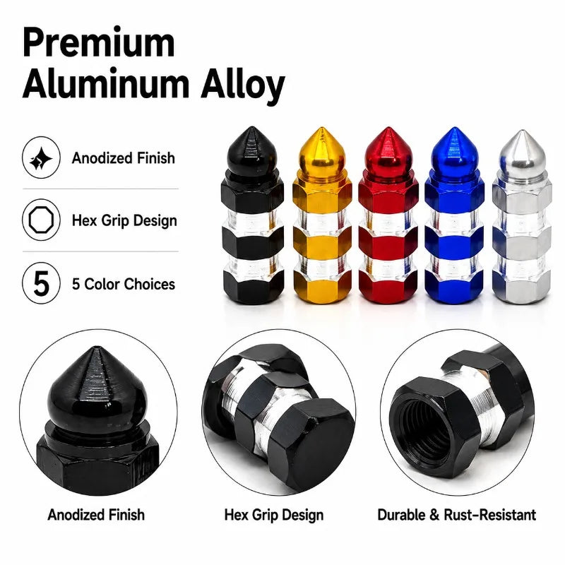 4-Pack Aluminum Tire Valve Stem Caps | Hex Dustproof Covers Tire Valve Caps QXL