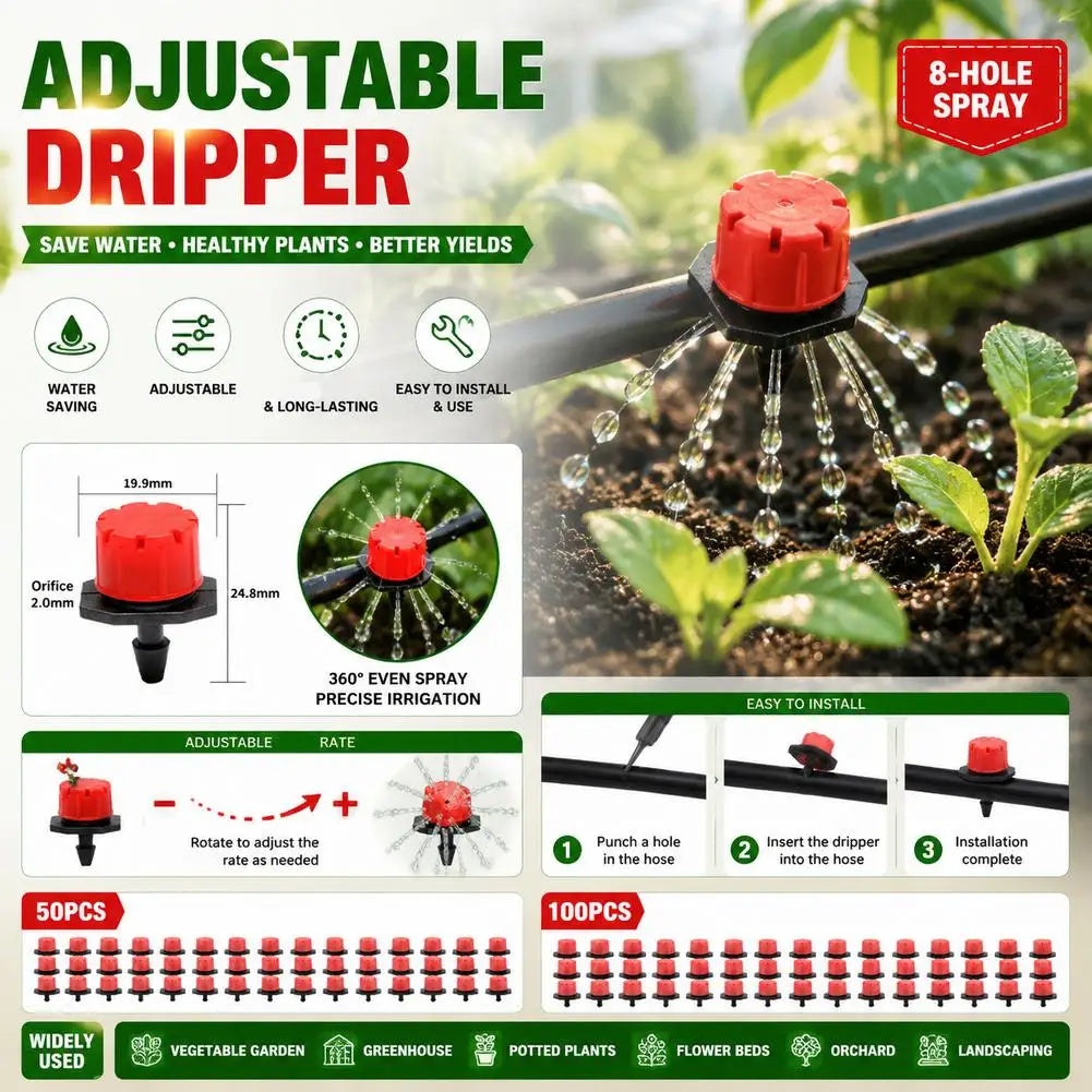 8-Hole Adjustable Micro Drip Irrigation Drippers | 50–100 Pack Drip Irrigation Emitter QXL