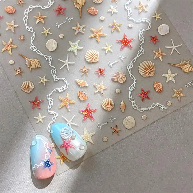 5D Embossed Seashell & Starfish Nail Stickers | Summer Decals Nail Art Stickers QXL