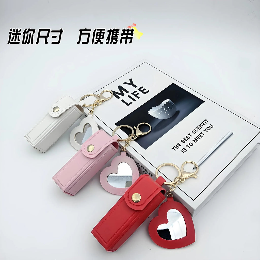 Mini PU Lipstick Case Keychain with Heart-Shaped Mirror Lipstick Case Keychain QXL