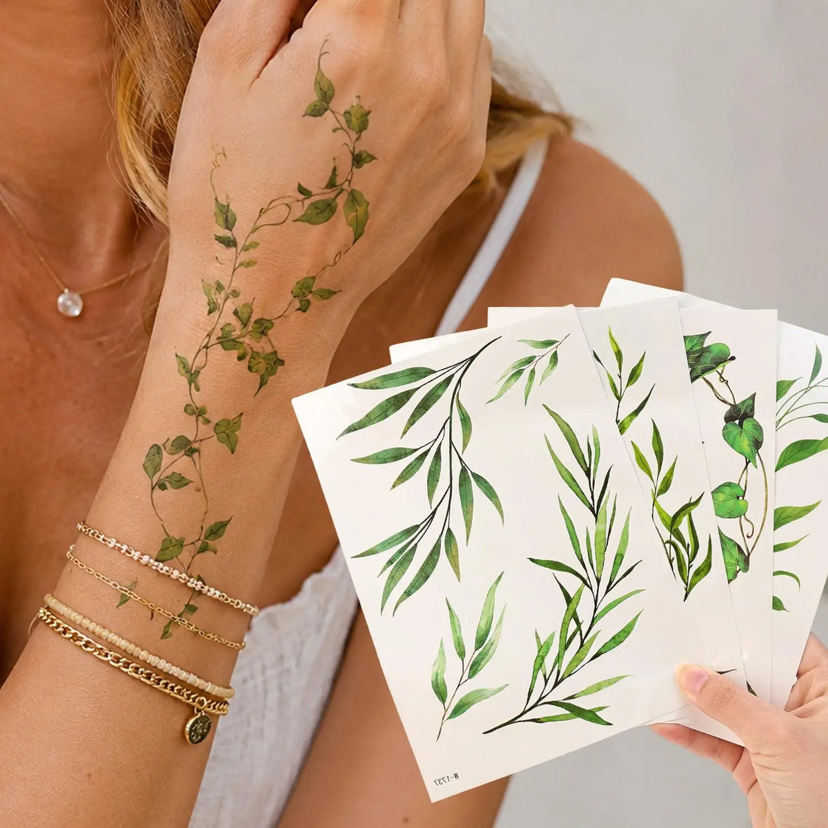 Green Vine & Leaf Waterproof Temporary Tattoo Stickers Temporary Tattoo Sticker QXL