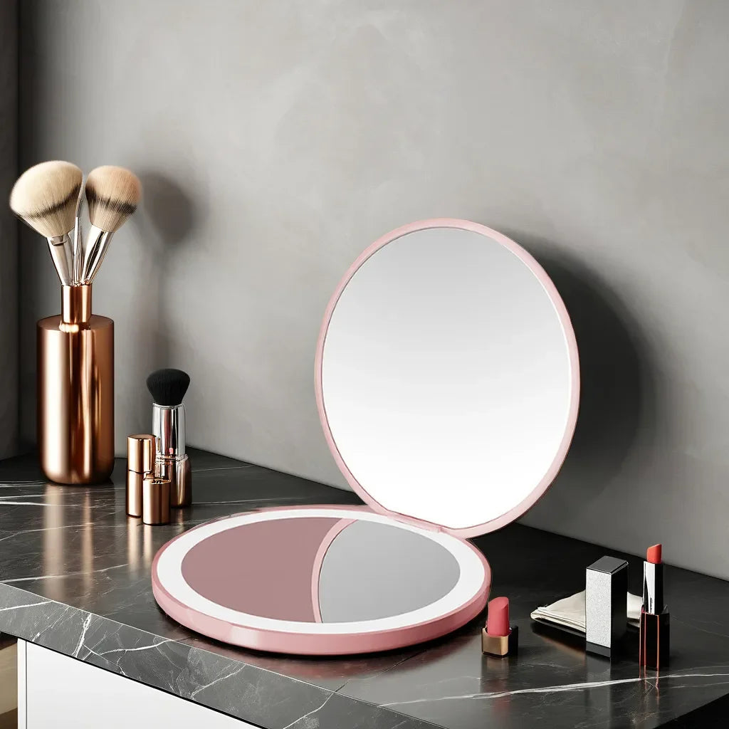 Pocket LED Makeup Mirror | Portable 2X Magnifying Compact Lighted Makeup Mirror QXL