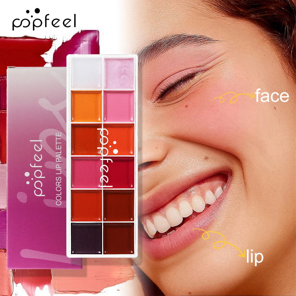 POPFEEL 12-Color Lipstick Palette | Shimmer Lip Gloss & Cheek Tint Lipstick Palette QXL mixed color 50g