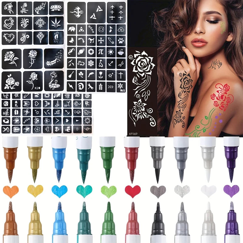 10-Color Dual-Ended Temporary Tattoo Pen Set | Body & Face Art Temporary Tattoo Pen QXL